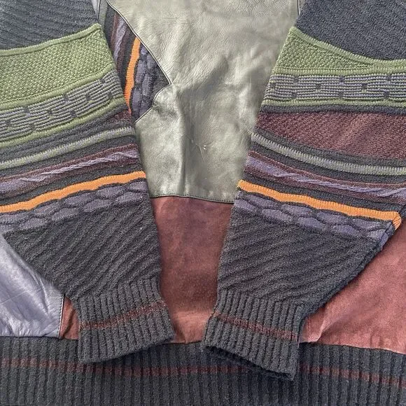 Vtg 90s Saxony Collection Leather Patchwork 3D Sweater Abstract Pattern Sz 1XB